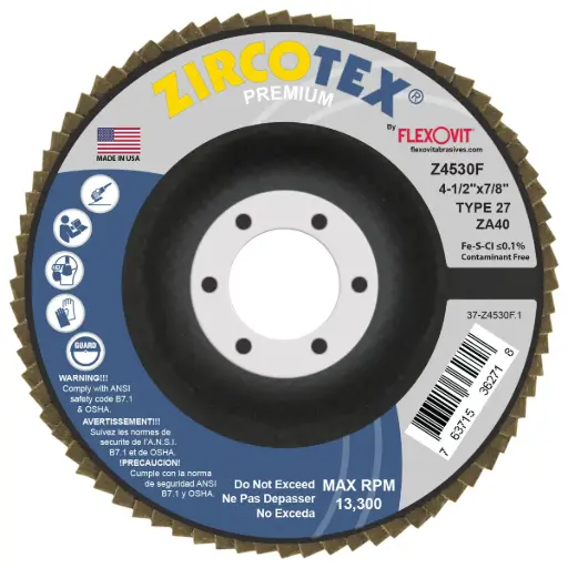 [FLXZ4530F] 4-1/2" X 7/8" T-27 40 Grit Zircotex Flap Disc (Flexovit USA)
