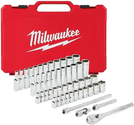 [MILW48-22-9004] 50Pc SAE/Metric 1/4" Dr. 6pt Deep/Shallow Chrome Socket & Ratchet Set [5mm-15mm/5/32"-9/16"] (Milwaukee)
