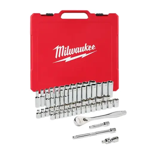 [MILW48-22-9008] 56Pc SAE/Metric 3/8" Dr. 6pt Deep/Shallow Chrome Socket & Ratchet Set [6mm-19mm/1/4"-7/8"] (Milwaukee)