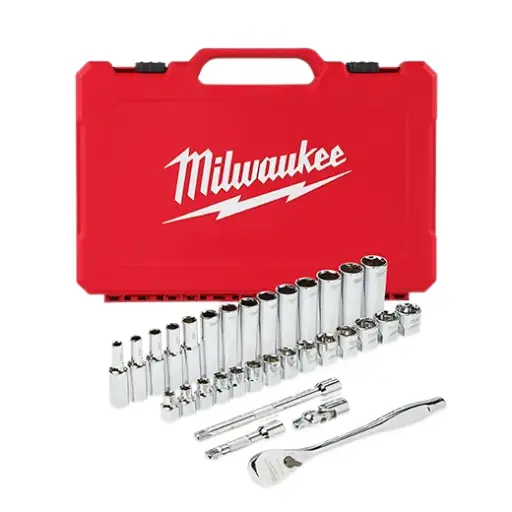 [MILW48-22-9508] 47Pc SAE 1/2" Dr. 6pt Deep/Shallow Chrome Socket & Ratchet Set [10mm-24mm/1/2"-1-1/8"] (Milwaukee)