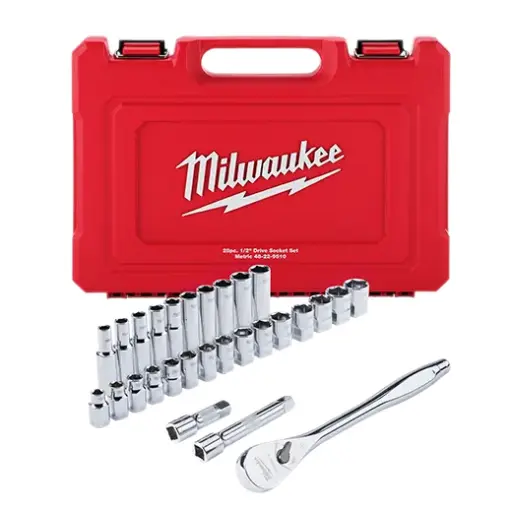 [MILW48-22-9510] 47Pc SAE/Metric 1/2" Dr. 6pt Deep/Shallow Chrome Socket & Ratchet Set [10mm-24mm/1/2"-1-1/8"] (Milwaukee)