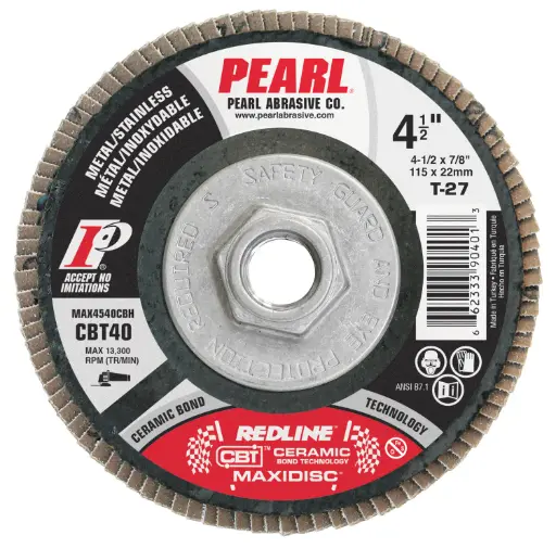 [PEARL-MAX4540CBH] 4-1/2" X 5/8"-11 X 40 Grit Redline CBT Ceramic Flap Disc (Pearl)