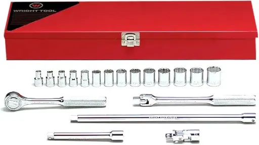 [WRI-364] 19Pc Metric 3/8" Dr. 6pt Shallow Chrome Socket Set [6mm-19mm] W/Ratchet, Breaker Bar, Extensions & Metal Box (Wright/USA)