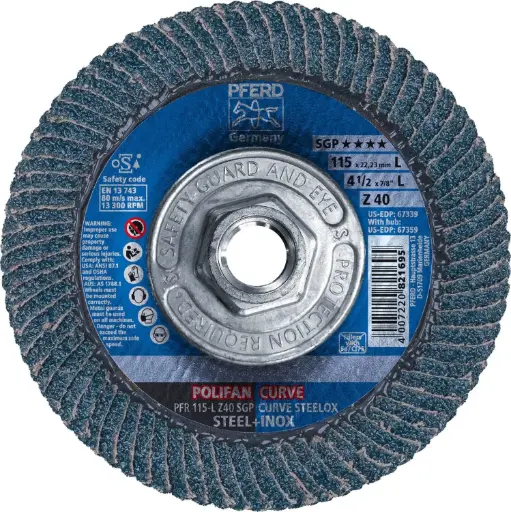 [PFERD-67359] 4-1/2" X 5/8"-11 X 40Grit Polifan SGP Zircon Curve Flap Disc Zirconia Alumina (Pferd)