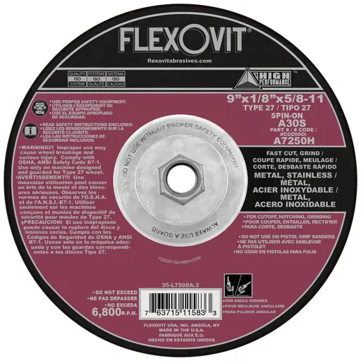 [FLXA7250H] 9" X 1/8" X 5/8-11" T-27 Combination Cutoff/Grinding Wheel (Flexovit USA)