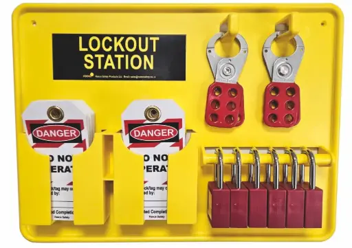 [REECE-LSE121AL] Lockout Station W/[6] Red Aluminum Shackles, [2] Steel Hasp & [20] Tags (Reece Safety)