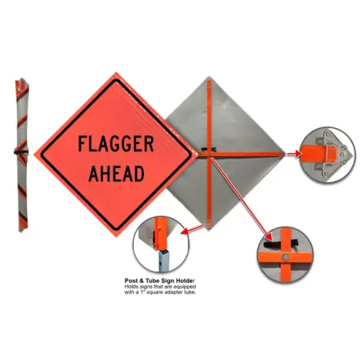 [DKE-SB48B1-FA] 48" x 48" Super Bright Roll-Up Sign W/1" Square Post [FLAGGER AHEAD] (Dicke)