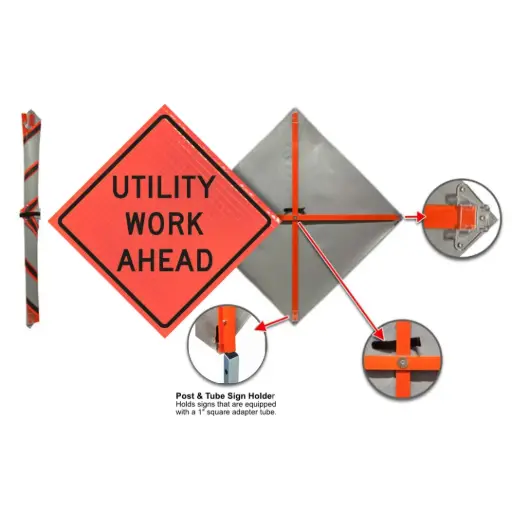 [DKE-SB48B1-UWA] 48" x 48" Super Bright Roll-Up Sign W/1" Square Post [UTILITY WORK AHEAD] (Dicke)