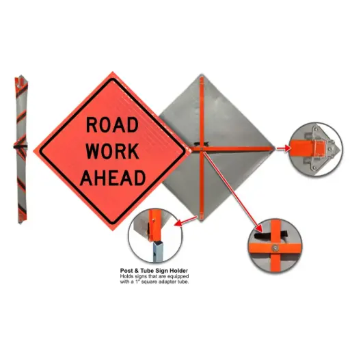 [DKE-SB48B1-RWA] 48" x 48" Super Bright Roll-Up Sign W/1" Square Post [ROAD WORK AHEAD] (Dicke)