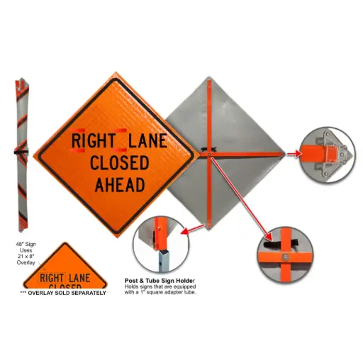 [DKE-SB48B1-RLCA-V] 48" x 48" Super Bright Roll-Up Sign W/1" Square Post [RIGHT LANE CLOSED AHEAD] Velcro Compatible (Dicke)